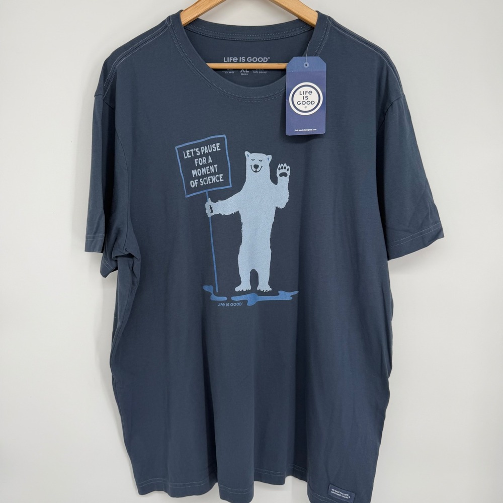 Life is Good Mens Crusher Tee XL Blue Polar Bear Science Whimsical Outdoor